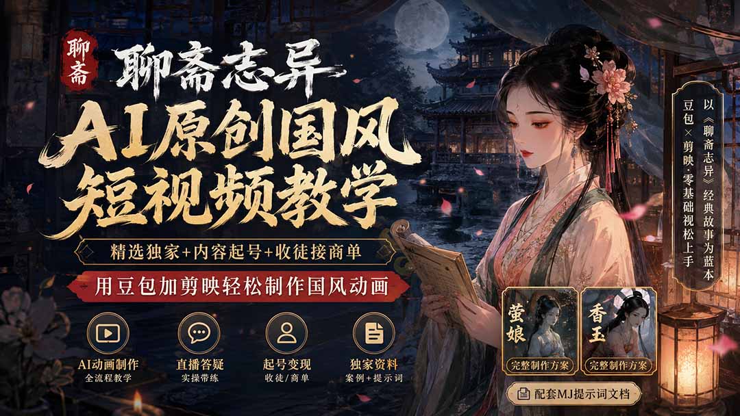 聊斋志异AI原创国风短视频教学-更新；精选独家+内容起号+收徒接商单，用豆包加剪映轻松制作国风动画网赚项目-副业赚钱-互联网创业-资源整合老八网赚资源