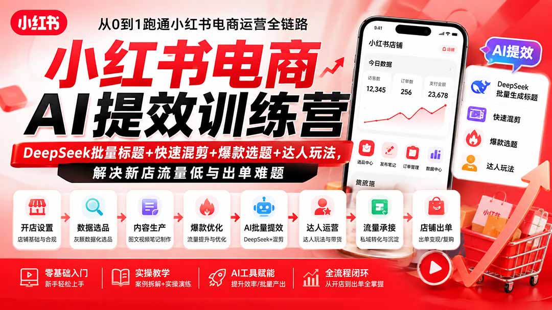小红书电商AI提效训练营—DeepSeek批量标题+快速混剪+爆款选题+达人玩法，解决新店流量低与出单难题网赚项目-副业赚钱-互联网创业-资源整合老八网赚资源