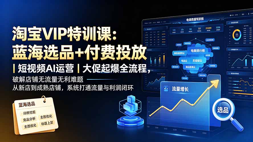 淘宝VIP特训课-更新：蓝海选品+付费投放｜短视频AI运营｜大促起爆全流程，破解店铺无流量无利润难题网赚项目-副业赚钱-互联网创业-资源整合老八网赚资源