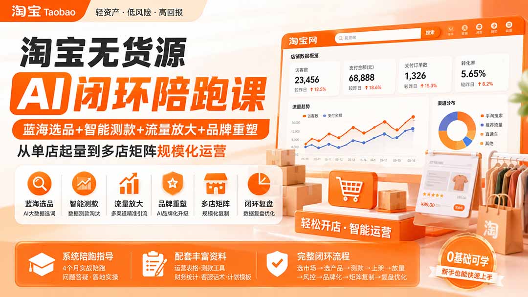 淘宝无货源AI闭环陪跑课：蓝海选品+智能测款+流量放大+品牌重塑，从单店起量到多店矩阵规模化运营网赚项目-副业赚钱-互联网创业-资源整合老八网赚资源