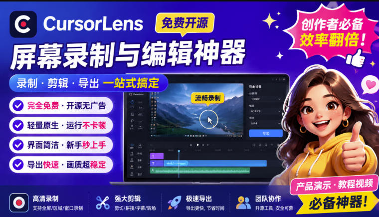 bcbd2f6aa885f3134587e5c6d2b7aab7.jpeg CursorLens免费开源录屏工具,支持自动缩放,教程视频录制必备神器
