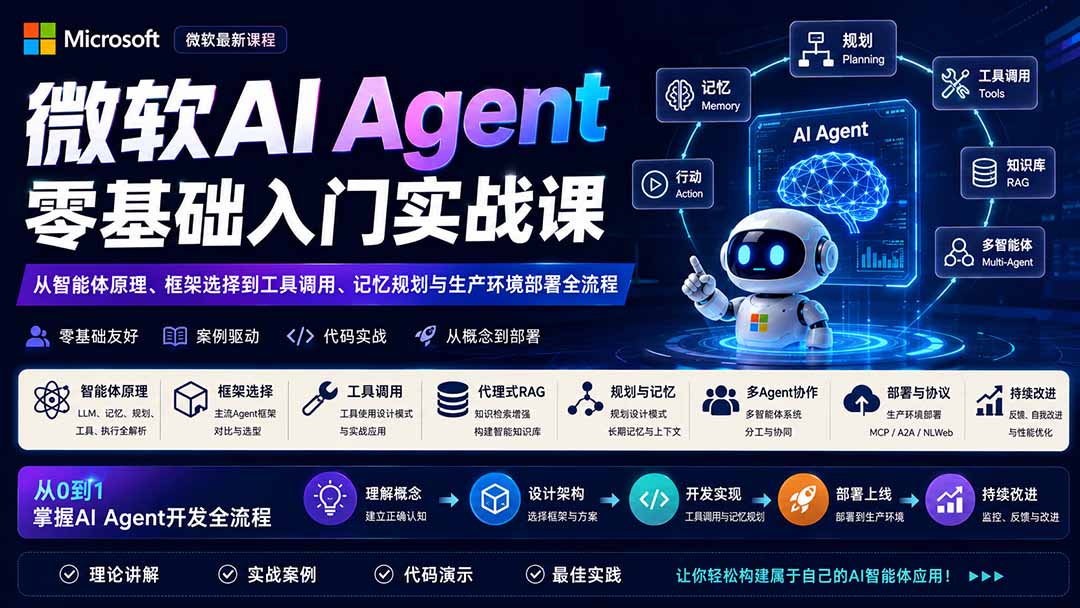 微软AI Agent零基础入门实战课：从智能体原理、框架选择到工具调用、记忆规划与生产环境部署全流程网赚项目-副业赚钱-互联网创业-资源整合老八网赚资源