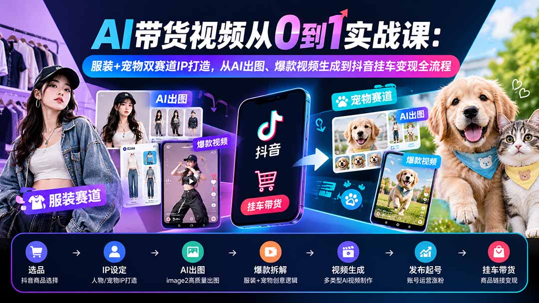 AI带货视频从0到1实战课：服装+宠物双赛道IP打造，从AI出图、爆款视频生成到抖音挂车变现全流程