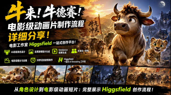 27e2912aa486173bf69e37a80e8e94bb.jpeg 牛来!牛德赛!电影级动画片制作流程详细分享!电影工作室Higgsfield一站式创作平台,完整创作流程