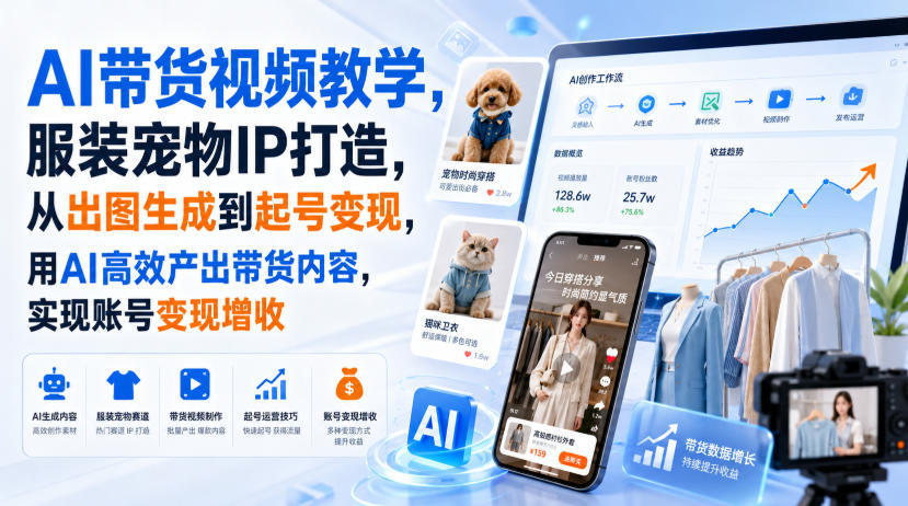 94f04194fd10d42e93ac5b7b645a511f.jpeg AI带货视频教学,服装宠物IP打造,从出图生成到起号变现,用AI高效产出带货内容,实现账号变现增收