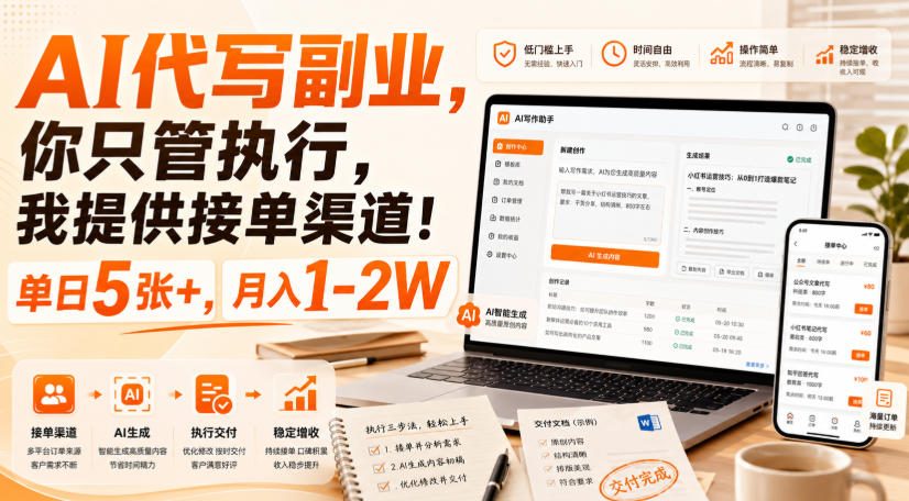 AI代写副业，你只管执行，我提供接单渠道！单日5张+，月入1-2W【揭秘】网赚项目-副业赚钱-互联网创业-资源整合老八网赚资源