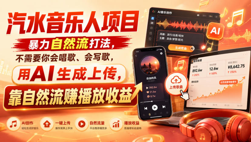 汽水音乐人项目，暴力自然流打法，不需要你会唱歌、会写歌，用AI生成上传，靠自然流賺播放收益网赚项目-副业赚钱-互联网创业-资源整合老八网赚资源