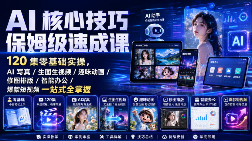 AI核心技巧保姆级速成课｜120集零基础实操，AI写真/生图生视频/趣味动画/修图排版/智能办公/爆款短视频一站式全掌握(更新)网赚项目-副业赚钱-互联网创业-资源整合老八网赚资源