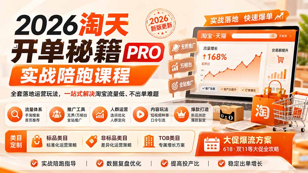 2026淘天开单秘籍PRO实战陪跑课程：全套落地运营玩法，一站式解决淘宝流量低、不出单难题(更新260823网赚项目-副业赚钱-互联网创业-资源整合老八网赚资源