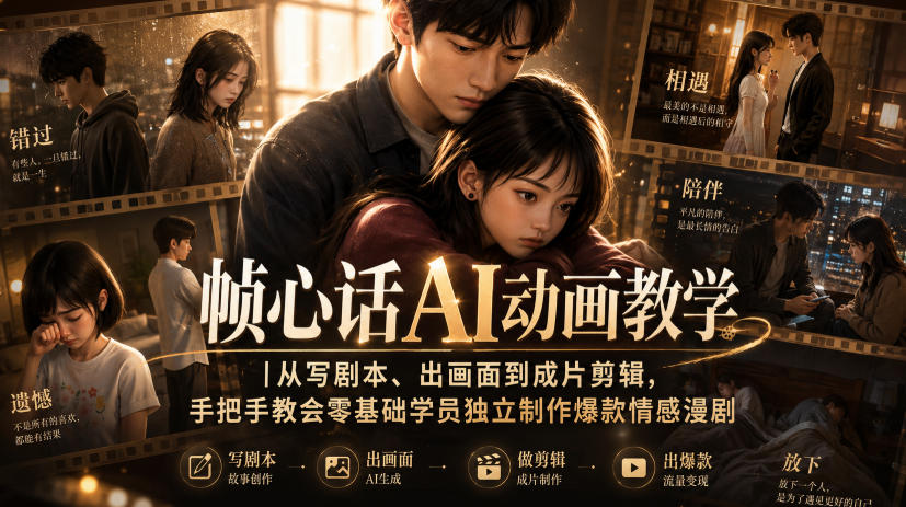 帧心话AI动画教学｜从写剧本、出画面到成片剪辑，手把手教会零基础学员独立制作爆款情感漫剧网赚项目-副业赚钱-互联网创业-资源整合老八网赚资源