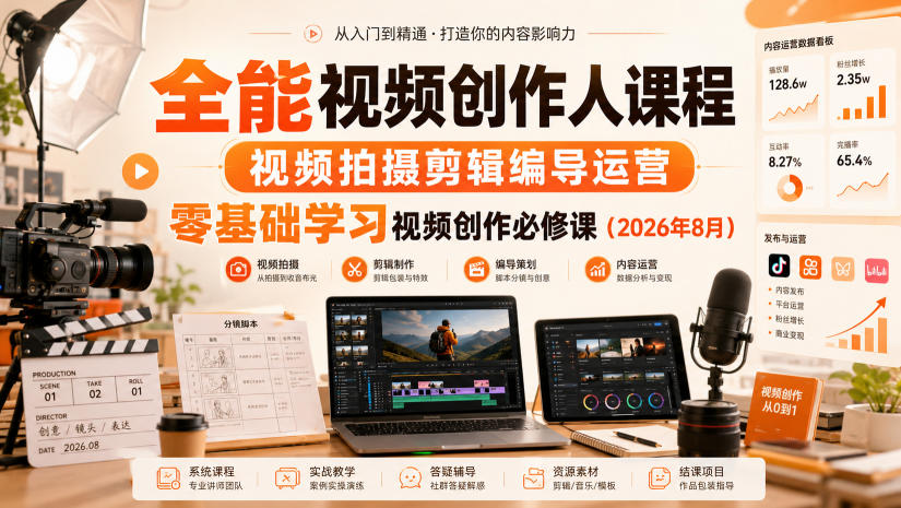 全能视频创作人课程，视频拍摄剪辑编导运营，零基础学习视频创作必修课(2026年8月)网赚项目-副业赚钱-互联网创业-资源整合老八网赚资源
