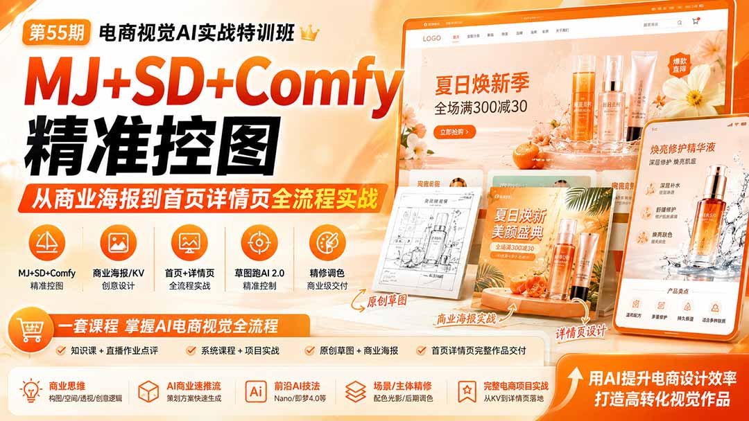 电商视觉 AI实战训练营第55期：MJ+SD+Comfy精准控图，从商业海报到首页详情页全流程实战网赚项目-副业赚钱-互联网创业-资源整合老八网赚资源