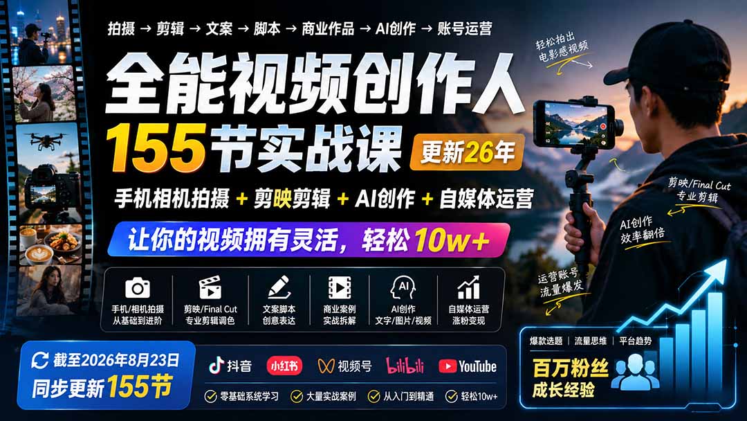 全能视频创作人155节实战课-更新26年8月：手机相机拍摄+剪映剪辑+AI创作+自媒体运营，让你的视频拥有灵活，轻松10w网赚项目-副业赚钱-互联网创业-资源整合老八网赚资源