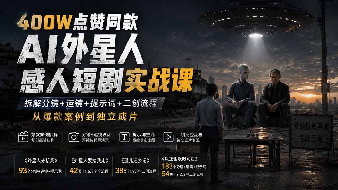 5b3f4ee2b90fcbd3f4b6288e5a3b77e4.jpeg 400W点赞同款AI外星人感人短剧实战课:拆解分镜+运镜+提示词+二创流程,从爆款案例到独立成片