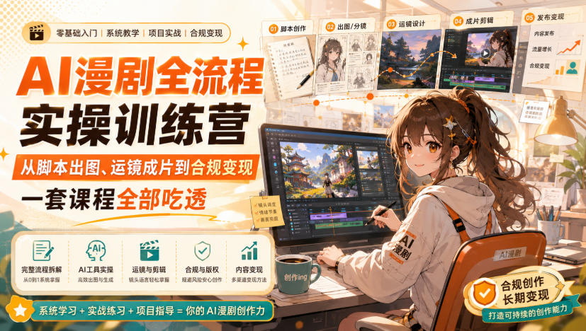 775e91dde9b4c9ec36e1d6cd9a821eab.jpeg AI漫剧全流程实操训练营,从脚本出图、运镜成片到合规变现,一套课程全部吃透