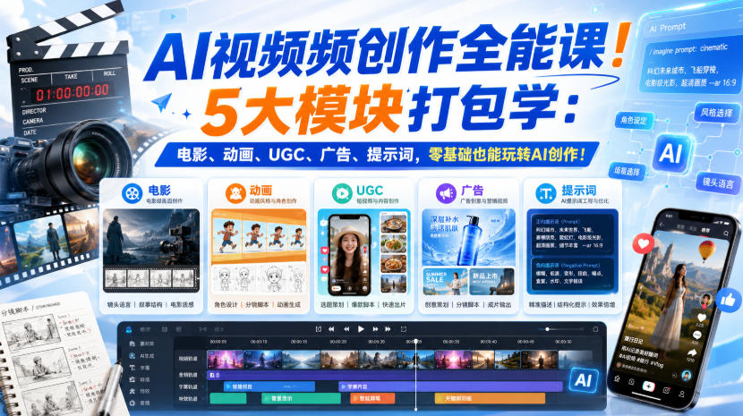 b2bc015882448c4463b36b96149d9427.jpeg AI视频频创作全能课!5大模块打包学:电影、动画、UGC、广告、提示词,零基础也能玩转AI创作!【原创双语字幕】