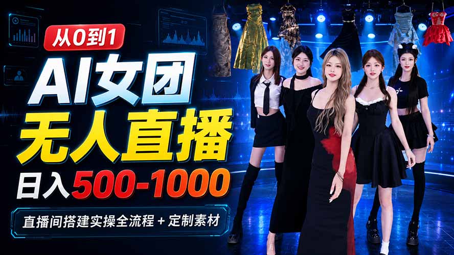 AI 女团无人直播，躺入500-1000每天，直播间搭建实操全流程+定制素材网赚项目-副业赚钱-互联网创业-资源整合老八网赚资源