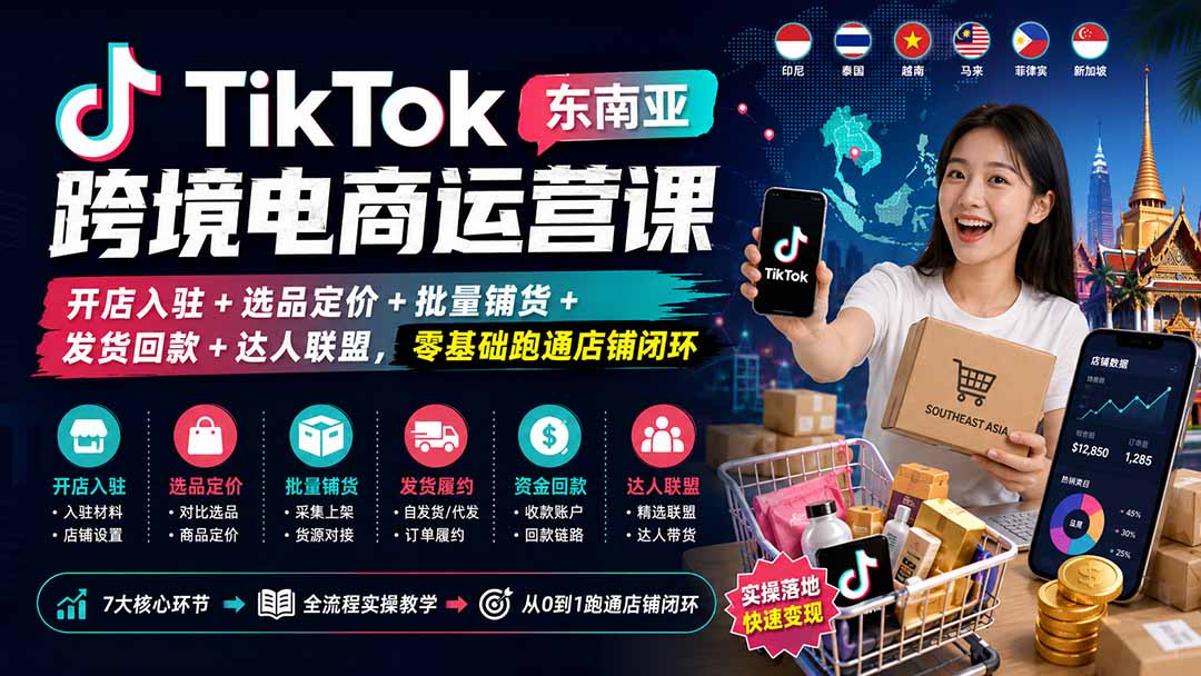 TikTok东南亚跨境电商运营课：开店入驻+选品定价+批量铺货+发货回款+达人联盟，零基础跑通店铺闭环网赚项目-副业赚钱-互联网创业-资源整合老八网赚资源