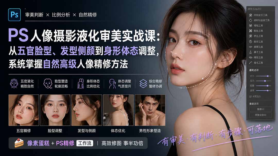 PS人像摄影液化审美实战课：从五官脸型、发型侧颜到身形体态调整，系统掌握自然高级人像精修方法网赚项目-副业赚钱-互联网创业-资源整合老八网赚资源