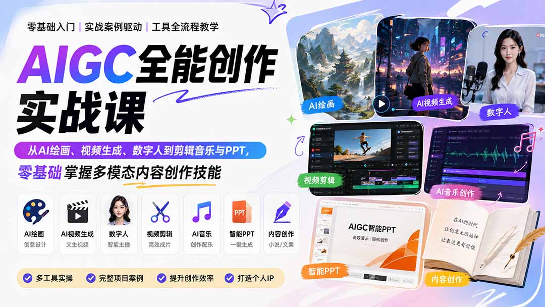 AIGC全能创作实战课：从AI绘画、视频生成、数字人到剪辑音乐与PPT，零基础掌握多模态内容创作技能网赚项目-副业赚钱-互联网创业-资源整合老八网赚资源