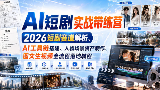 AI短剧实战带练营｜2026短剧赛道解析、AI工具链搭建、人物场景资产制作、图文生视频全流程落地教程网赚项目-副业赚钱-互联网创业-资源整合老八网赚资源
