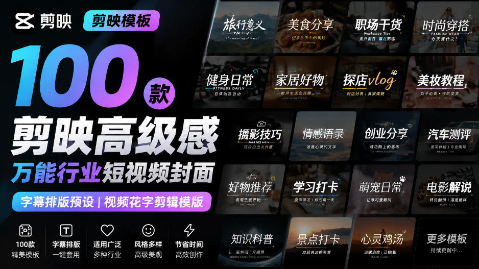 【剪映模板】100款剪映高级感万能行业短视频封面字幕排版预设视频花字剪辑模版网赚项目-副业赚钱-互联网创业-资源整合老八网赚资源