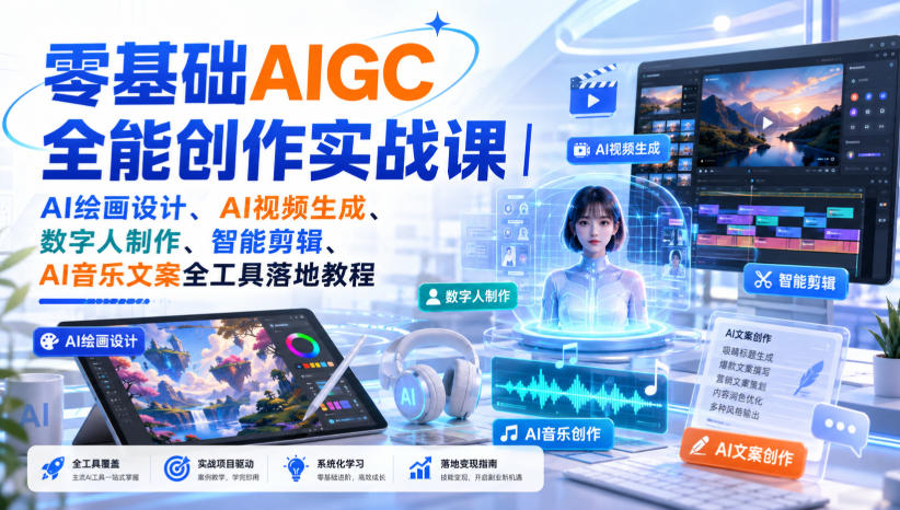 零基础AIGC全能创作实战课｜AI绘画设计、AI视频生成、数字人制作、智能剪辑、AI音乐文案全工具落地教程网赚项目-副业赚钱-互联网创业-资源整合老八网赚资源