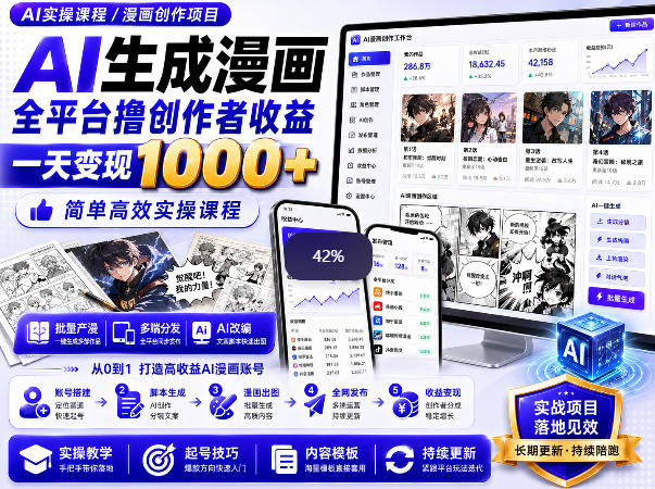 AI生成漫画全平台撸创作者收益内部课程，实操最高单日变现1k+网赚项目-副业赚钱-互联网创业-资源整合老八网赚资源