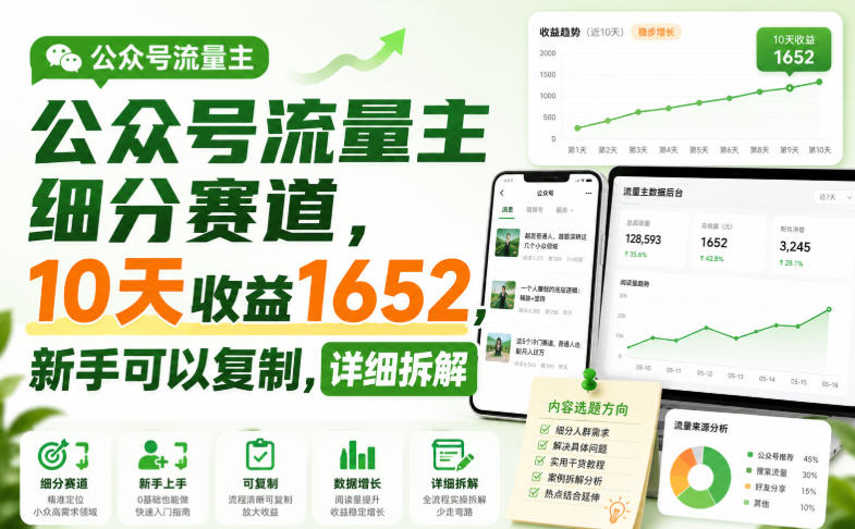 公众号流量主细分赛道，10天收益1652，新手可以复制，详细拆解网赚项目-副业赚钱-互联网创业-资源整合老八网赚资源