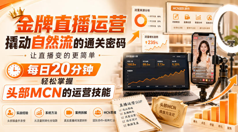 金牌直播运营撬动自然流的通关密码，让直播变的更简单，每日20分钟，轻松掌握头部MCN的运营技能网赚项目-副业赚钱-互联网创业-资源整合老八网赚资源