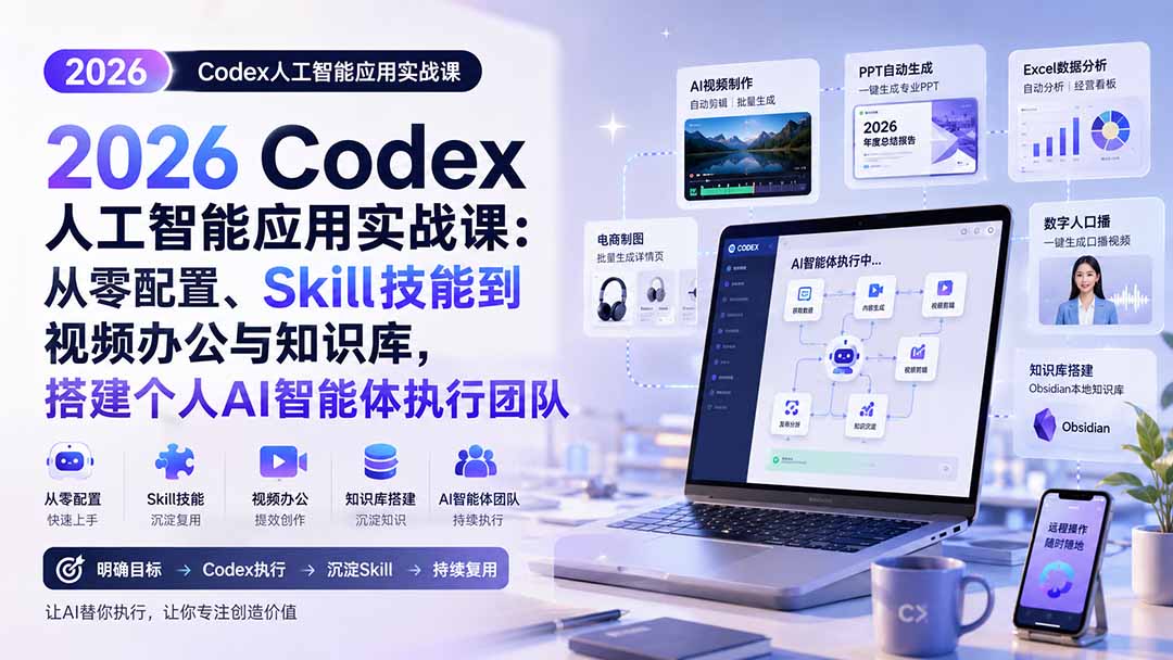 2177ee6a58422663a682ab699466b5f7.jpeg 2026 Codex人工智能应用实战课:从零配置、Skill技能到视频办公与知识库,搭建个人AI智能体执行团队