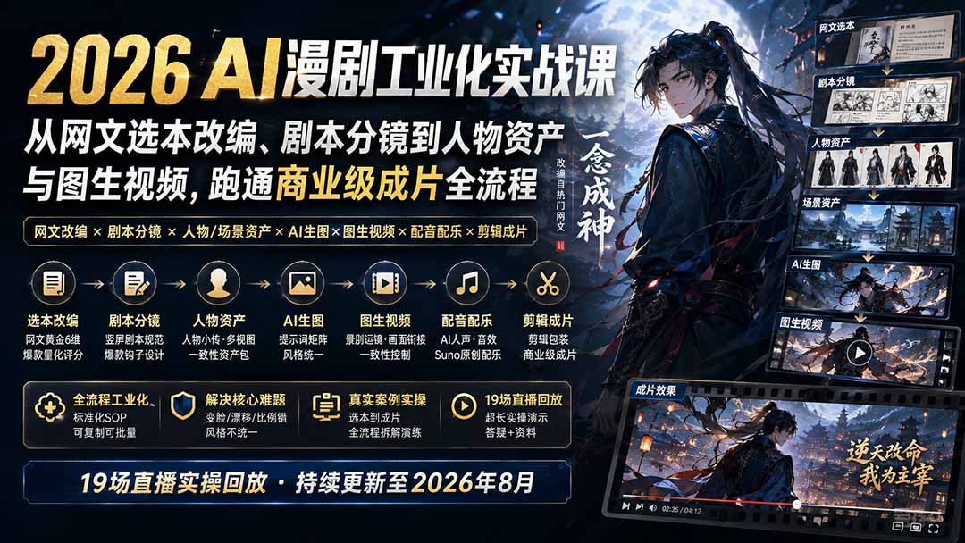 2026 AI漫剧工业化实战课-更新：从网文选本改编、剧本分镜到人物资产与图生视频，跑通商业级成片全流程网赚项目-副业赚钱-互联网创业-资源整合老八网赚资源