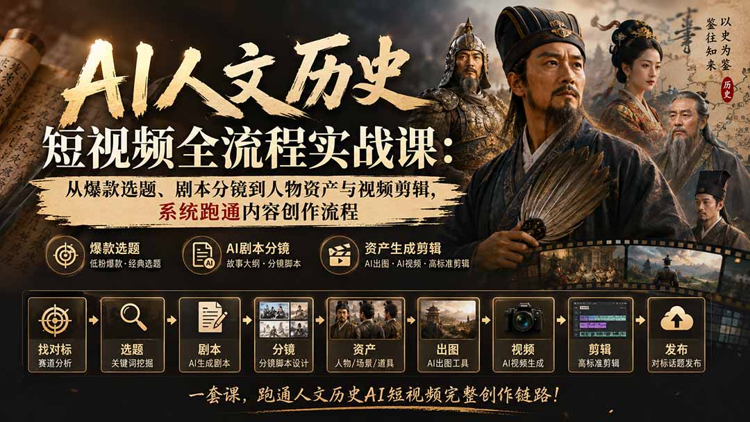 AI人文历史短视频全流程实战课：从爆款选题、剧本分镜到人物资产与视频剪辑，系统跑通内容创作流程网赚项目-副业赚钱-互联网创业-资源整合老八网赚资源