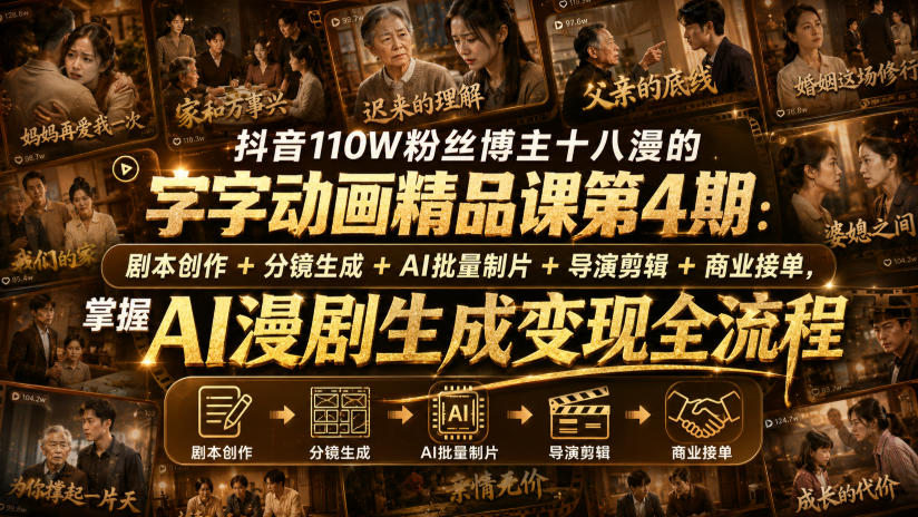 抖音110W粉丝博主十八漫的字字动画精品课第4期：剧本创作+分镜生成+剪辑+商业接单，掌握AI漫剧生成变现全流程网赚项目-副业赚钱-互联网创业-资源整合老八网赚资源