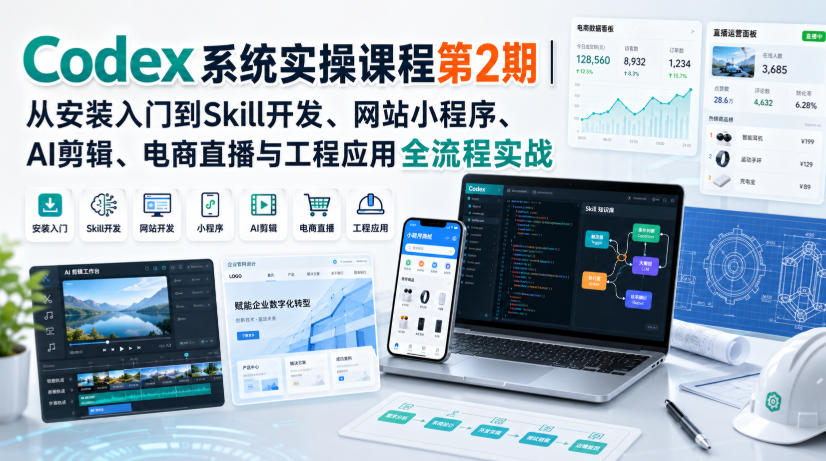 Codex系统实操课程第2期｜从安装入门到Skill开发、网站小程序、AI剪辑、电商直播与工程应用全流程实战网赚项目-副业赚钱-互联网创业-资源整合老八网赚资源