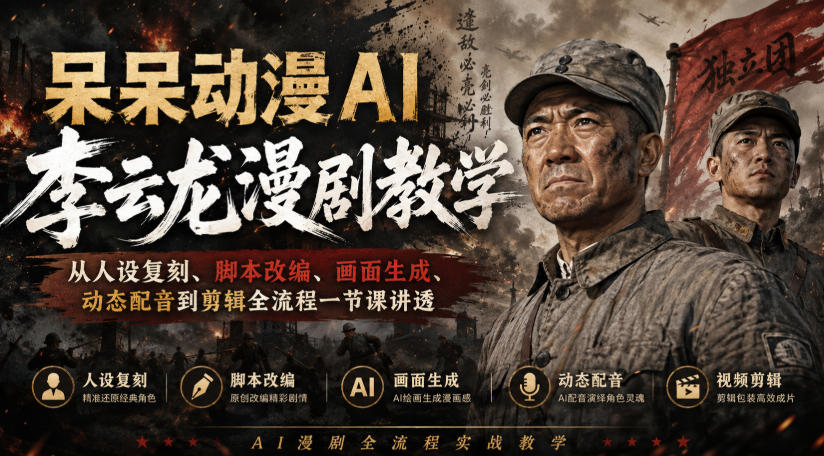 1f4384a75847162b0e6df093a8dc6d0e.jpeg 呆呆动漫AI李云龙漫剧教学,从人设复刻、脚本改编、画面生成、动态配音到剪辑全流程一节课讲透