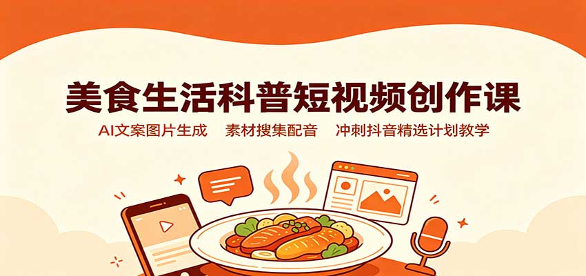 美食生活科普短视频创作课：AI文案图片生成，素材搜集配音，冲刺抖音精选计划教学网赚项目-副业赚钱-互联网创业-资源整合老八网赚资源
