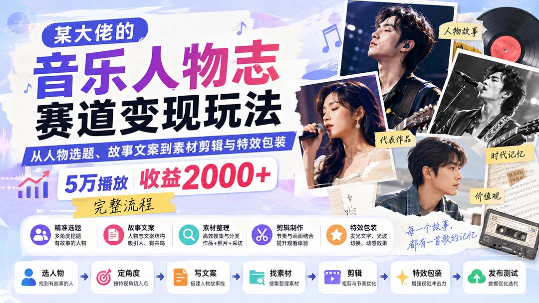 某大佬的音乐人物志赛道变现玩法：从人物选题、故事文案到素材剪辑与特效包装，5万播放收益2000+完整流程网赚项目-副业赚钱-互联网创业-资源整合老八网赚资源