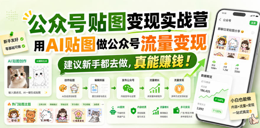 b15ec10e28e64566f4b847a7d87e1c37.jpeg 公众号贴图变现实战营,用AI贴图做公众号流量变现,建议新手都去做,真能賺钱!