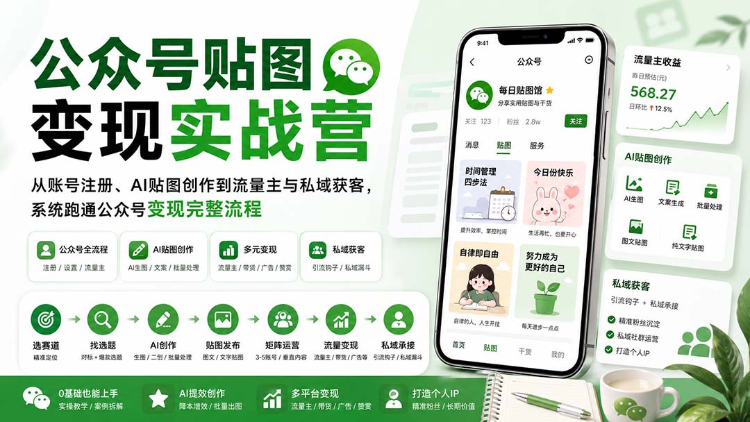 公众号贴图变现实战营：从账号注册、AI贴图创作到流量主与私域获客，系统跑通公众号变现完整流程网赚项目-副业赚钱-互联网创业-资源整合老八网赚资源