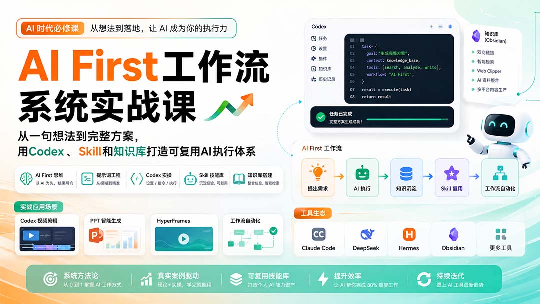AI First工作流系统实战课：从一句想法到完整方案，用Codex、Skill和知识库打造可复用AI执行体系网赚项目-副业赚钱-互联网创业-资源整合老八网赚资源