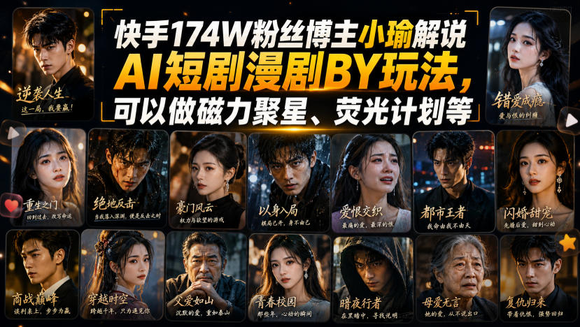 快手174W粉丝博主小瑜解说AI短剧漫剧搬运玩法，可以做磁力聚星、荧光计划等网赚项目-副业赚钱-互联网创业-资源整合老八网赚资源
