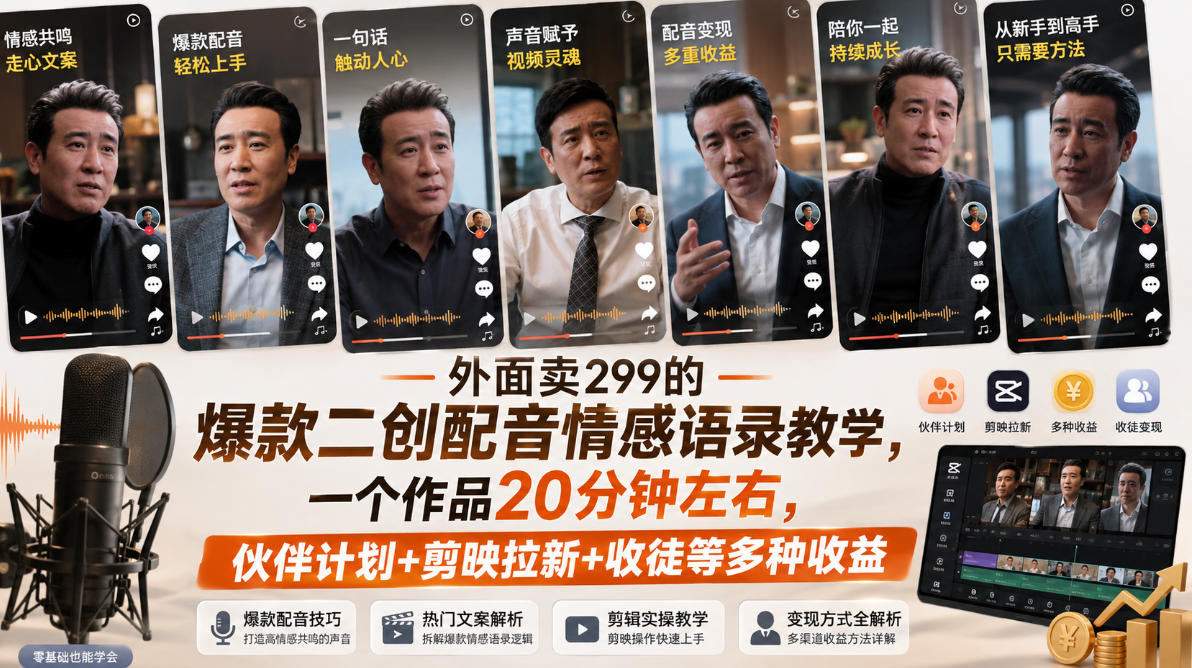 外面卖299的爆款二创配音情感语录教学，一个作品20分钟左右，伙伴计划+剪映拉新+收徒等多种收益网赚项目-副业赚钱-互联网创业-资源整合老八网赚资源
