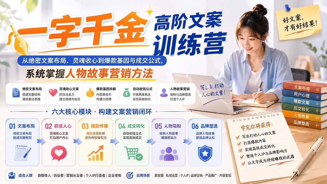 680802c45fb8eca866a3f82d842723e7.jpeg 一字千金高阶文案训练营:从绝密文案布局、灵魂收心到爆款基因与成交公式,系统掌握人物故事营销方法