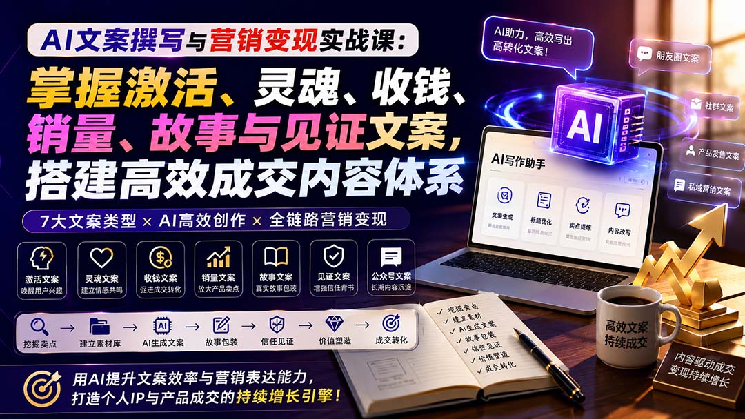 6f0407bc9003d7fd74dc2b5cd1bf9cb5.jpeg AI文案撰写与营销变现实战课:掌握激活、灵魂、收钱、销量、故事与见证文案,搭建高效成交内容体系