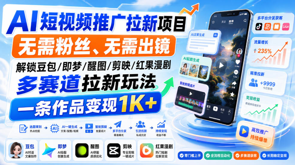 AI短视频推广拉新项目，无需粉丝、无需出镜，解锁豆包/即梦/醒图/剪映/红果漫剧多赛道拉新玩法，一条作品变现1K+网赚项目-副业赚钱-互联网创业-资源整合老八网赚资源