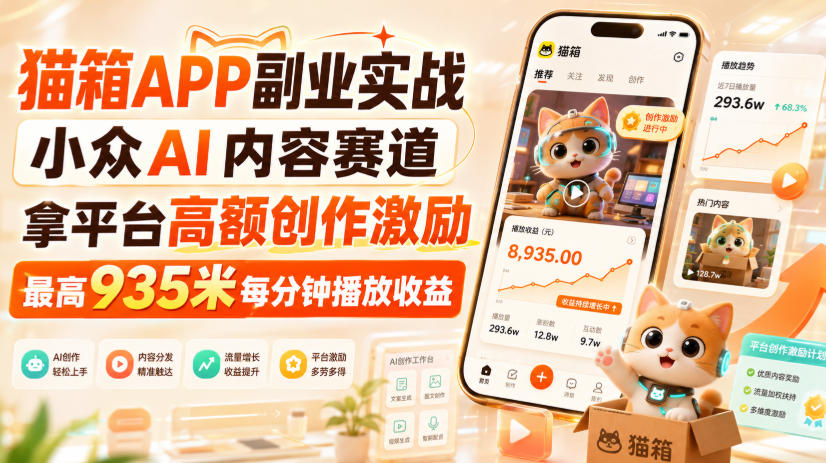 猫箱APP副业实战，小众AI内容赛道，拿平台高额创作激励，最高935米每分钟播放收益网赚项目-副业赚钱-互联网创业-资源整合老八网赚资源