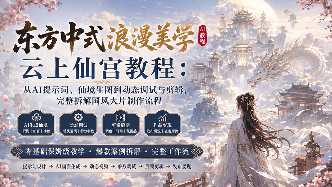 411a81a92c83fef1a9574f76d2aba664.jpeg 东方中式浪漫美学云上仙宫教程:从AI提示词、仙境生图到动态调试与剪辑,完整拆解国风大片制作流程