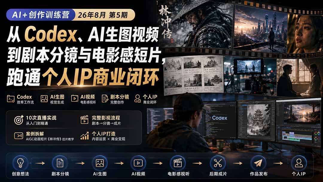 65e15c3dce89db7d68f64c67c3065daf.jpeg AI+创作训练营26年8月第5期:从Codex、AI生图视频到剧本分镜与电影感短片,跑通个人IP商业闭环