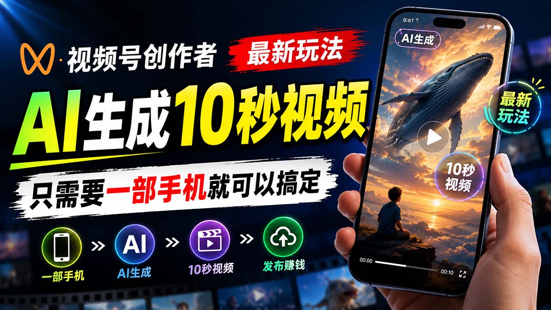 视频号创作者最新玩法，AI生成10秒视频，只需要一部手机就可以搞定网赚项目-副业赚钱-互联网创业-资源整合老八网赚资源